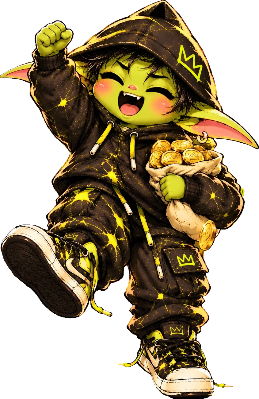 PLEADR dancing with a bag of gold coins